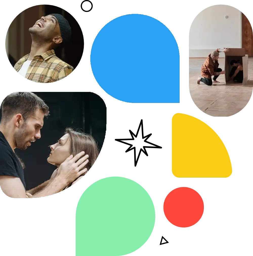 Collage theatralischer Szenen. Eine Person lacht mit zurückgeworfenem Kopf, jemand schaut in einen Karton, und zwei Menschen in inniger Umarmung.