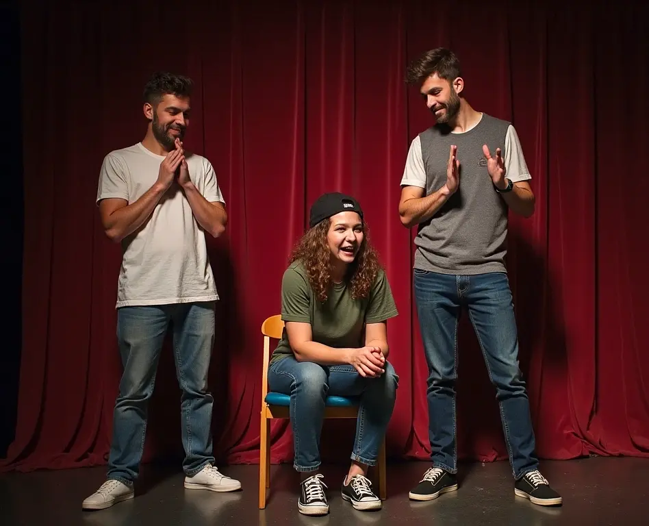 Drei Impro-Theaterspieler auf einer Bühne: zwei bärtige Männer gestikulieren neben einer sitzenden Frau mit Mütze vor rotem Vorhang.